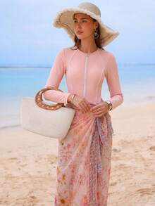 Swim Shayni Summer Beach Women's One-Piece Swimsuit SetArabic Clothing - Pink - View 3