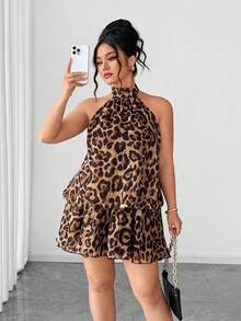 SHEIN Elenzya 大码梭织印花夏季女装连衣裙 - 棕色 - 查看 3