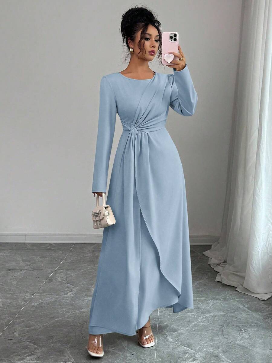 SHEIN Elenzya 女士纯色圆领褶皱优雅长袖连衣裙 - 淺藍色 - 查看 1