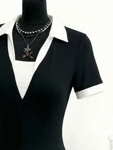 Lalippa Women's Black Fabric Collar Short Sleeve Unitard Casual Short Plain Jumpsuit With Zipper Detail - Black - View 7