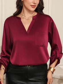 EMERY ROSE 大码女式V领休闲百搭通勤长袖府绸衬衫/夏季/度假/优雅，适合夏季、春季、派对、婚礼及活动、毕业典礼、母亲节、正式场合、红色上衣、派对上衣、职场女式上衣和衬衫，优雅女式工作衬衫，休闲女式衬衫，大码女式衬衫 - 酒紅色 - 查看 8
