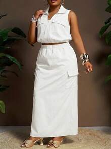 Slaydiva Plus Size Women 2-Piece White Summer Silky Smart Casual Holiday Set,Elegant Sleeveless Shirt Collar Utility Pocket Cropped Top & Long Skirt Outfits - White - View 3