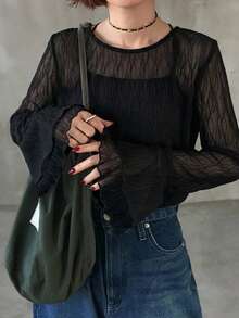 FRIFUL Blusa casual versátil con cuello redondo, manga larga, puños acampanados y textura de malla transparente - Negro - Ver 4