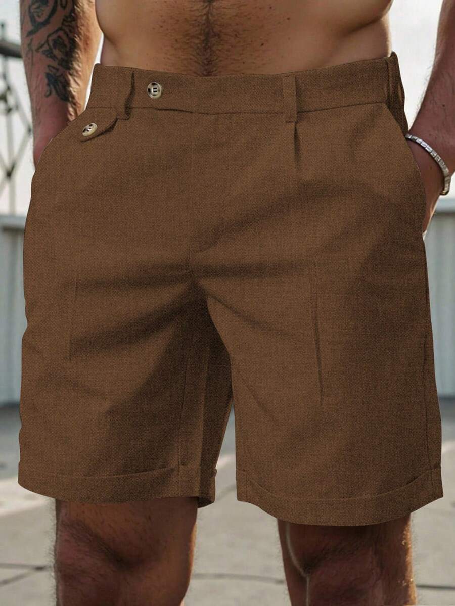 Manfinity Homme Pantalones cortos casuales de hombre de unicolor con dobladillo enrollado y bolsillo en diagonal, para verano - Café integral - Ver 1