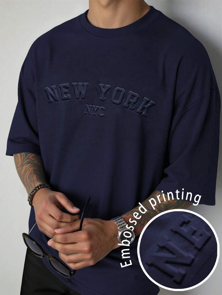 Manfinity Homme 男士休闲字母压纹短袖T恤，夏季 - 寶藍色 - 查看 1