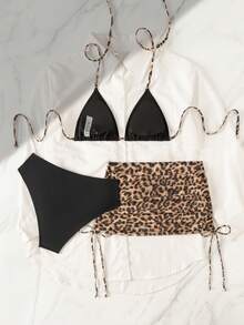Swim Vcay 3件套女士黑色豹纹比基尼套装，时尚度假沙滩泳池派对泳装 - 彩色 - 查看 6