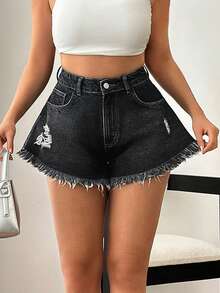 SHEIN Women Washed Detail Relax Fit Frayed Hem Mini Denim Short - Dark Wash - View 4