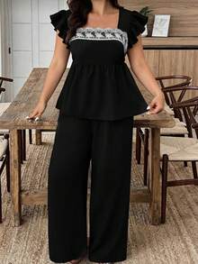 Breezaya Plus Size Women Lace Top And Wide Leg Pants Casual 2 Pieces Set - Black - View 4