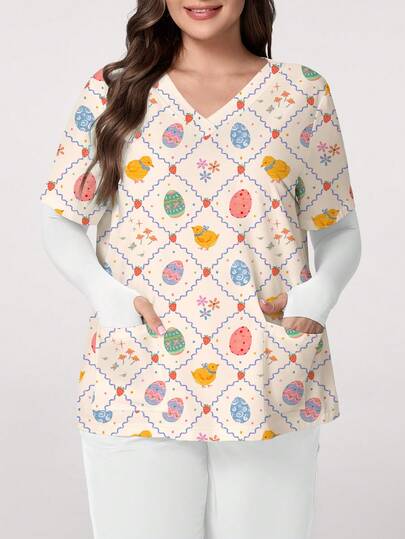 PopScrub Chicken, Eggs & Floral Plaid Print V-Neck Short Sleeve Scrub Top With Pockets & Snap Front For Women, Plus Size, Suitable For Easter, Daily Wear, Spring/Summer Nurse Uniform