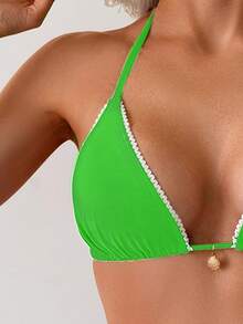 Swim Vcay Women's Elegant Green Halter Triangle Bikini Set With White Trim & Shell Charm, Casual Summer Beachwear, Vacation & Festival Outfit, Swimwear For Women Bikinis Set For Women Swimwear For Women 2 Piece Bikini Sets Swimwear Green Bathing Suits For Women - Green - View 5