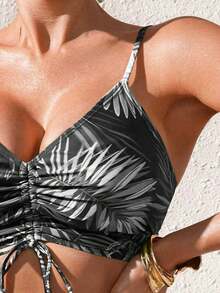 SHEIN Swim 女士夏季沙滩热带植物印花抽绳比基尼泳衣套装 - 彩色 - 查看 4