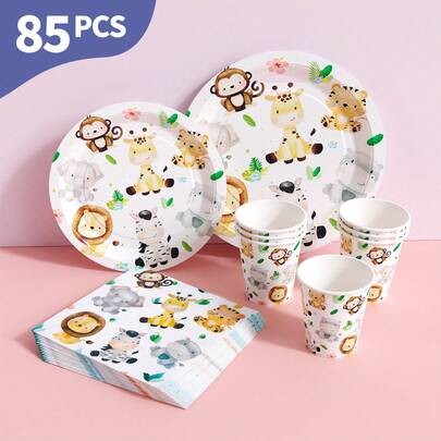 Jungle Animals Disposable Plates, Napkins And Cups Set, Serves 20 Guests. This Disposable Party Set (Including Plates, Napkins And Cups) Is Perfect For Birthday Parties, Weddings And Family Picnics.