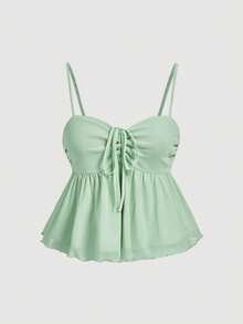 SHEIN MOD 女士黄色吊带背心和迷你裙套装，夏季露脐背心，音乐节服装，露背上衣，可爱夏季套装，娃娃衫上衣，黄色女装，夏季两件套，奶油黄 - 綠色 - 查看 4