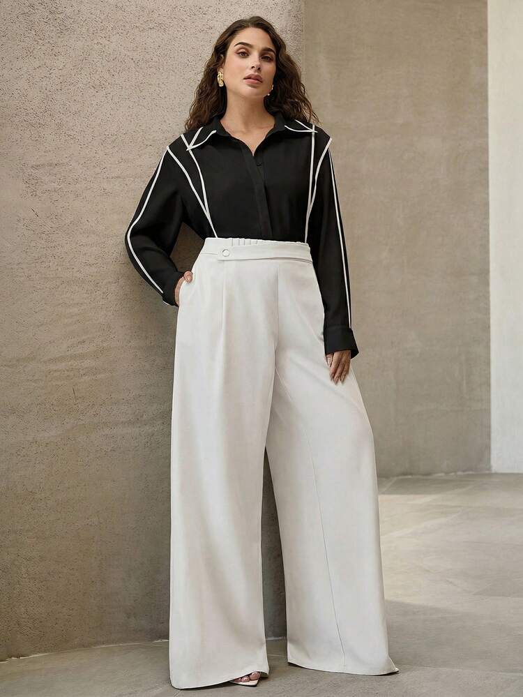PLUS SIZE ELASTIC WAIST WIDE LEG PANTS, COMMUTER STYLE