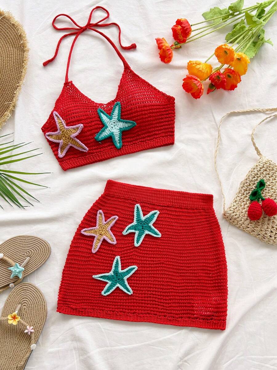 Soleia Women's Summer Vacation Beach Starfish Pattern Halter Knit Top And Skirt Set - Red - View 1