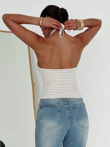 Firerie Women's Halter Neck Hollow Out Knit Top, Summer - Apricot - View 3