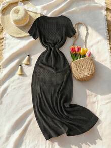Breezaya Đầm len nữ màu be dệt kim kiểu dáng châu Âu và Mỹ mùa xuân/hè 2026 mới, gợi cảm, ôm eo, thích hợp cho kỳ nghỉ, du lịch, hoạt động ngoài trời, lãng mạn, tiệc bãi biển, tụ họp buổi tối, ven biển, thoải mái. - màu đen - Xem 2