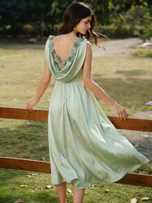 Vintamour 复古优雅女士连衣裙，带口袋，天鹅绒材质，珍珠链点缀，适合派对、节日、鸡尾酒会、秋季、万圣节、冬季、圣诞节等场合，也可作为女士秋季服装、万圣节服装、圣诞节服装、圣诞派对礼服、新年礼服、感恩节服装等。优雅派对连衣裙 - 淡綠 - 查看 3