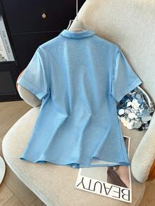 EMERY ROSE Women's Short Sleeve Single-Breasted Pocket Casual Denim Effect Shirt - Blue - View 2