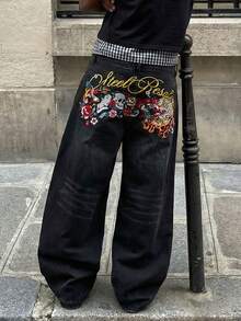 AXEPEAK Pantalones largos bordados con gráficos lavados para hombres, y de moda - Negro - Ver 3