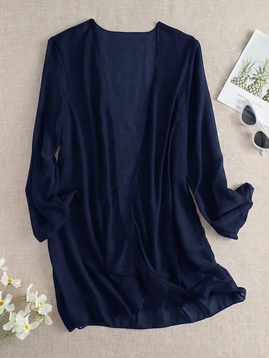 Swim Basics Solid Color Kimono Cover-Up For Beach Vacation - Navy Blue - View 1