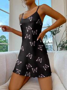 Casual Butterfly Print Camisole Nightgown For Summer - Black - View 5