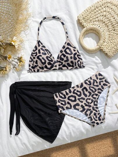 SHEIN Tween Girls 3-Piece Bikini Set, Vintage Sexy Style, Light Brown Base + Black Leopard Print, Halter Neck Crop Top, Mid-Waist Leopard Print Bottoms, Black Mesh Skirt, Knit Fabric, Fashionable, Casual, Elegant, Suitable For Swimming, Summer Vacation, Beach, Pool, Party
