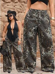 SHEIN ICON Plus Size Women Cowgirl Style Leopard Print Non-Stretch Straight Leg Pants, Fall Outfits - Coffee Brown - View 1