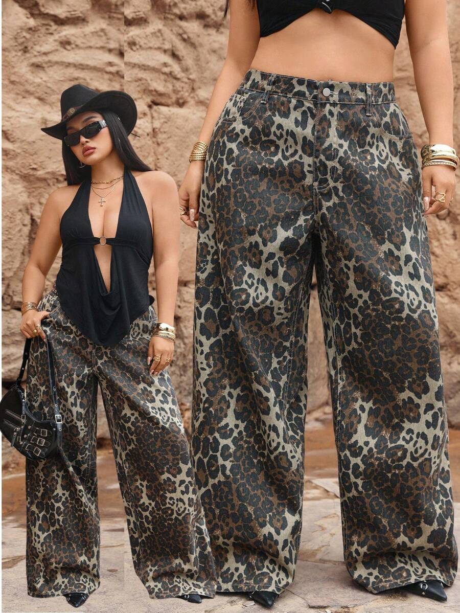 SHEIN ICON Plus Size Women Cowgirl Style Leopard Print Non-Stretch Straight Leg Pants, Fall Outfits - Coffee Brown - View 1