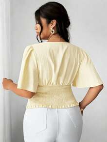 Elenzga 大码女装时尚优雅纯色褶皱面料蘑菇纽扣装饰后腰抽绳松紧袖口衬衫 - 淡黃色 - 查看 4