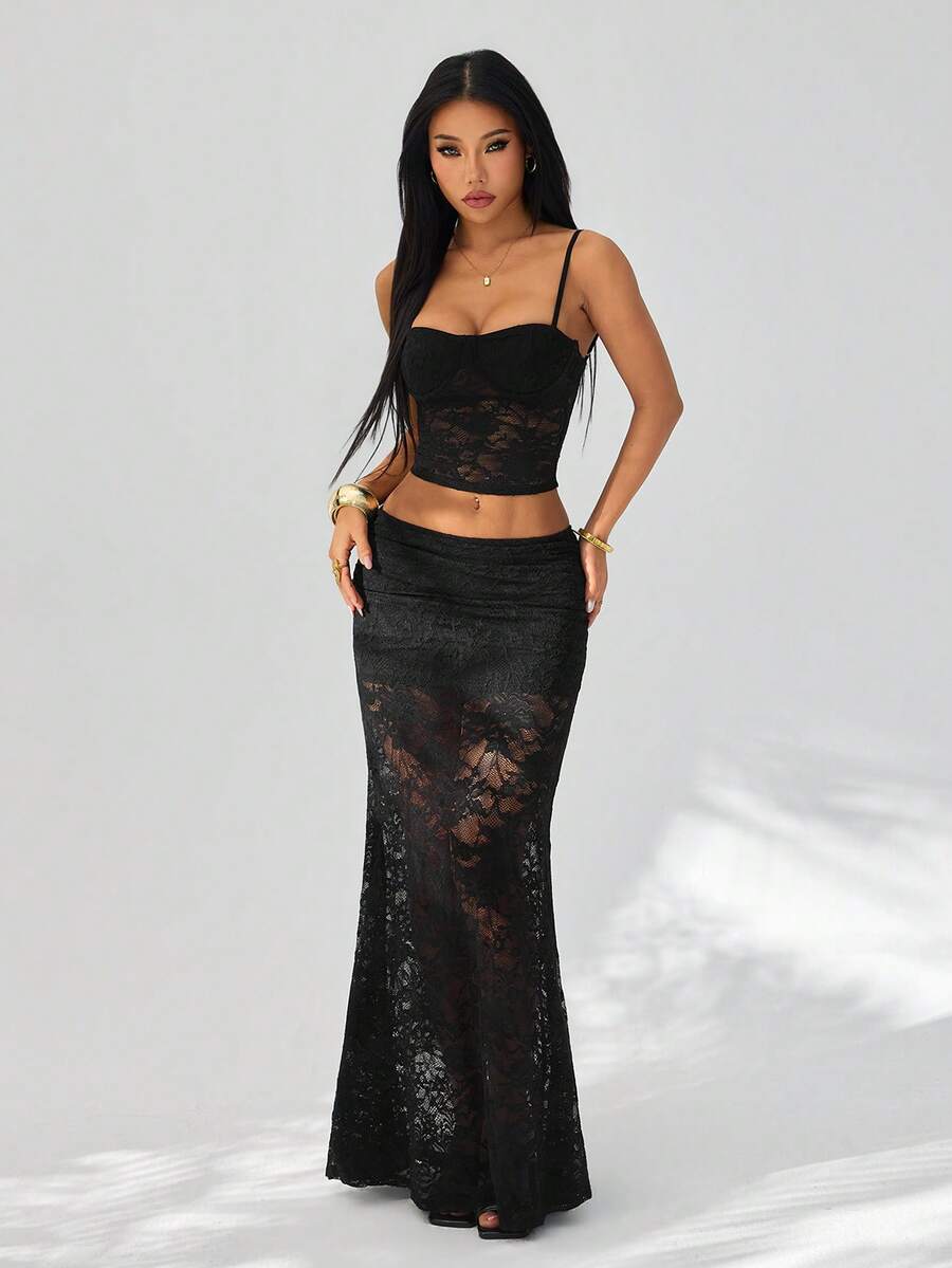 SHEIN PETITE Sexy Solid Black Sheer Lace Camisole Top & Low-Waisted Skirt Two Pieces Set For Spring/Summer, Elegant Skirt, Party Dress, Wedding Guest Attire, Brunch Dress, Spring/Summer Black Lace Skirt. - Black - View 1