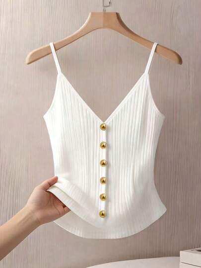 Franclia 女士休闲纯色纽扣装饰吊带背心，夏季款