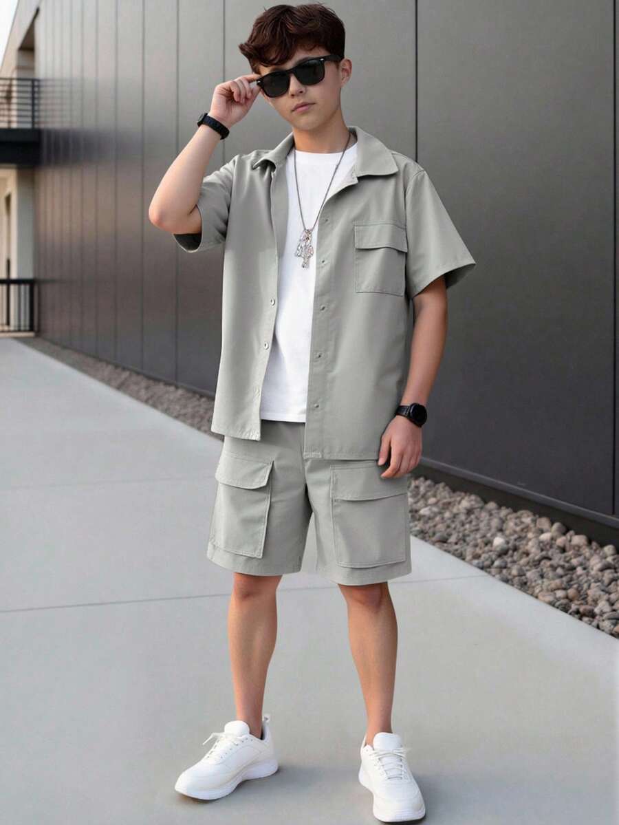 SHEIN Mirajuku 青少年街头风3D口袋短袖衬衫短裤套装 - 灰色 - 查看 1
