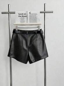 Airaco Women's New Fashion Casual PU Leather Crocodile Pattern A-Line Shorts, Spring/Summer - Black - View 2