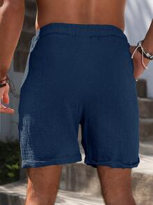 VENTUSAIL Men's Summer Casual Drawstring Waist Textured Pure Cotton Shorts - Navy Blue - View 2