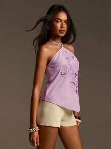 Athîral Áo kiểu nữ màu xám, cổ yếm, không tay, hở vai, vạt bất đối xứng, thích hợp cho kỳ nghỉ hè/mùa xuân. - Màu tím hoa cà - Xem 5