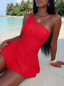 Vaytide 女士沙滩装纯色单肩闪亮面料荷叶边腰部优雅女士连体泳衣 - 紅色 - 查看 2