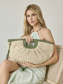 MOTF WOMEN'S HANDBAG, WOVEN FRINGED BAG - Beige - View 9