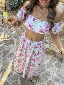 Lucivie 女士浪漫露肩碎花两件套 | 荷叶边短款上衣和长裙套装，性感优雅的春夏度假约会装 - 粉色 - 查看 9