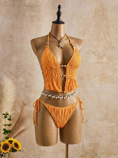 Bellisia 女士纯色串珠装饰吊带背心式上衣和打结三角泳裤套装