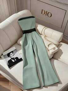 Franclia Women's New Strapless Contrast Trim Metal Buckle Waist Wide Leg Jumpsuit - Green - View 2