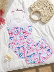 SHEIN 少女连体泳衣，可爱粉/蓝/红爱心印花针织面料，可调节颈带，连体泳衣配短裤，两件套，时尚休闲优雅女士风格，适合游泳、夏季度假、海滩、泳池、节日派对等场合。 - 淺粉色 - 查看 2