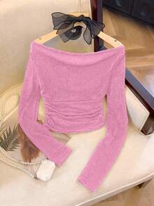 Camiseta de manga larga con hombros descubiertos y fruncidos de unicolor brillante para mujer - Rosa - Ver 4