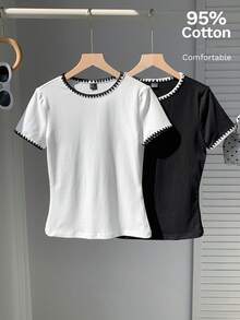 Muchica Damen Farbblock T-Shirt mit Blumenverzierung, Mehrfachpackung - Schwarz und Weiss - Übersicht 5
