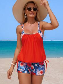 Swim Lushoire Bộ đồ bơi nữ 2 món in họa tiết cây nhiệt đới, rộng rãi và thoải mái, áo tankini và quần bơi che phủ vừa phải vùng bụng, thời trang, thanh lịch, phù hợp cho kỳ nghỉ biển, tiệc bể bơi và mọi mùa. - trái cam - Xem 4