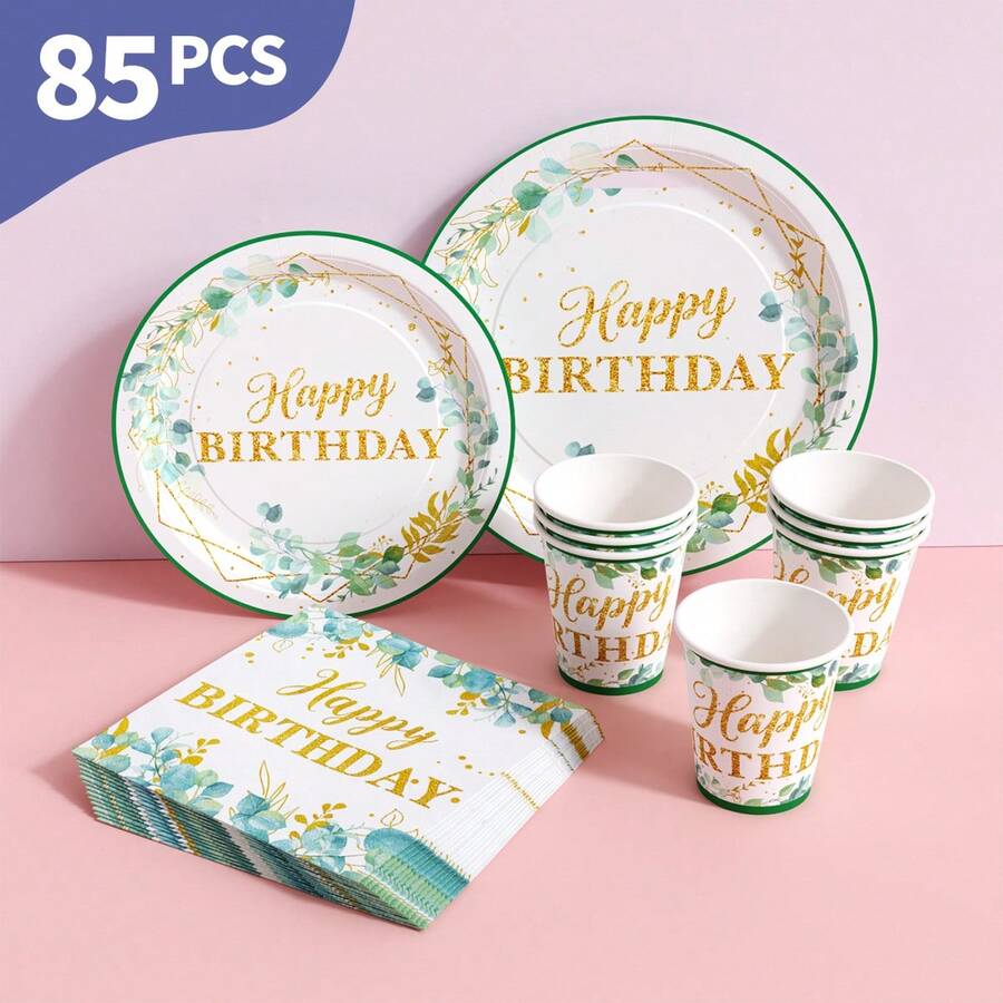 Leaves & Gold Rim Happy Birthday Disposable Plates, Napkins And Cups Set, Serves 20 Guests. This Disposable Party Set (Including Plates, Napkins And Cups) Is Perfect For Birthday Parties, Weddings And Family Picnics. - View 1