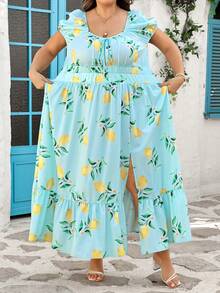 SHEIN CURVE+ Curve 尺码 US22 音乐节、海滨度假、波西米亚风女式水果印花开衩褶裥连衣裙 - 彩色 - 查看 4