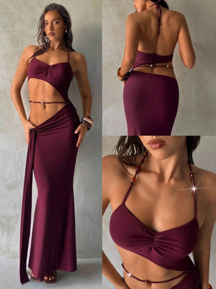 Aloruh 女士新款纯色酒红色连衣裙，吊带性感优雅女士连衣裙，波西米亚串珠装饰女士罩衫，女士度假装，女士沙滩裙