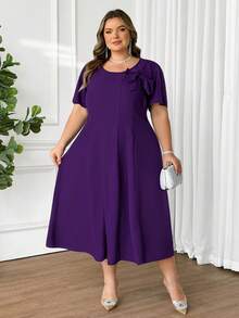 SHEIN CURVE+ Đầm dài ngang gối thanh lịch cổ tròn tay ngắn, màu trơn, trang trí nơ, dành cho nữ cỡ lớn. - Màu tím - Xem 8