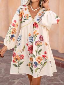 Flora Isola Flora Isola 女士优雅时尚通勤休闲舒适迷人复古简约高端浪漫假日宽松V领中长款印花连衣裙，泡泡袖，金色丝带饰边 - 彩色 - 查看 6